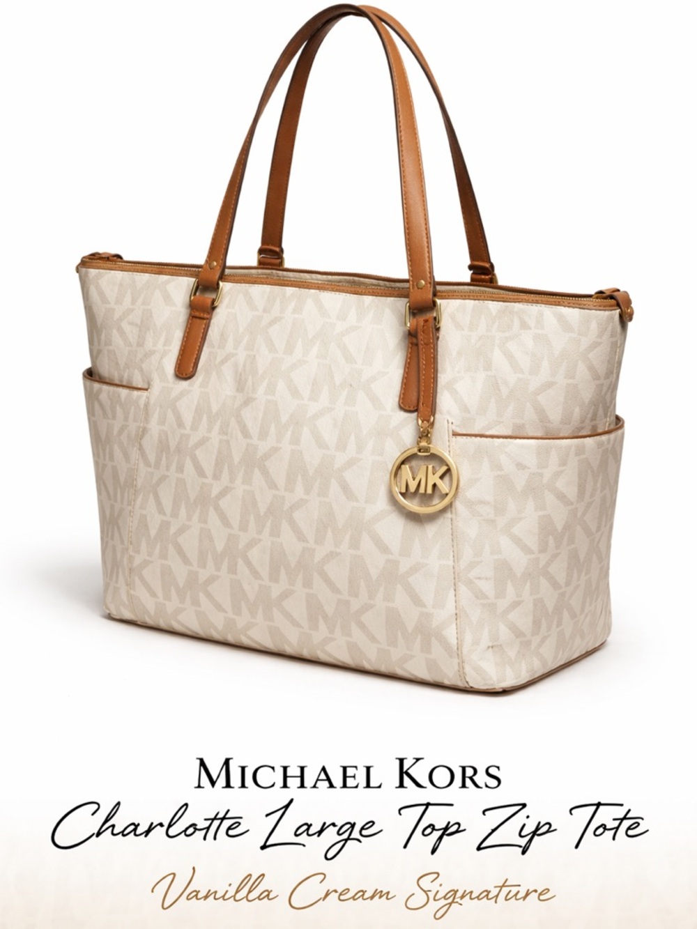 Michael Kors Charlotte Large Top Zip Tote Vanilla Cream Signature Bag